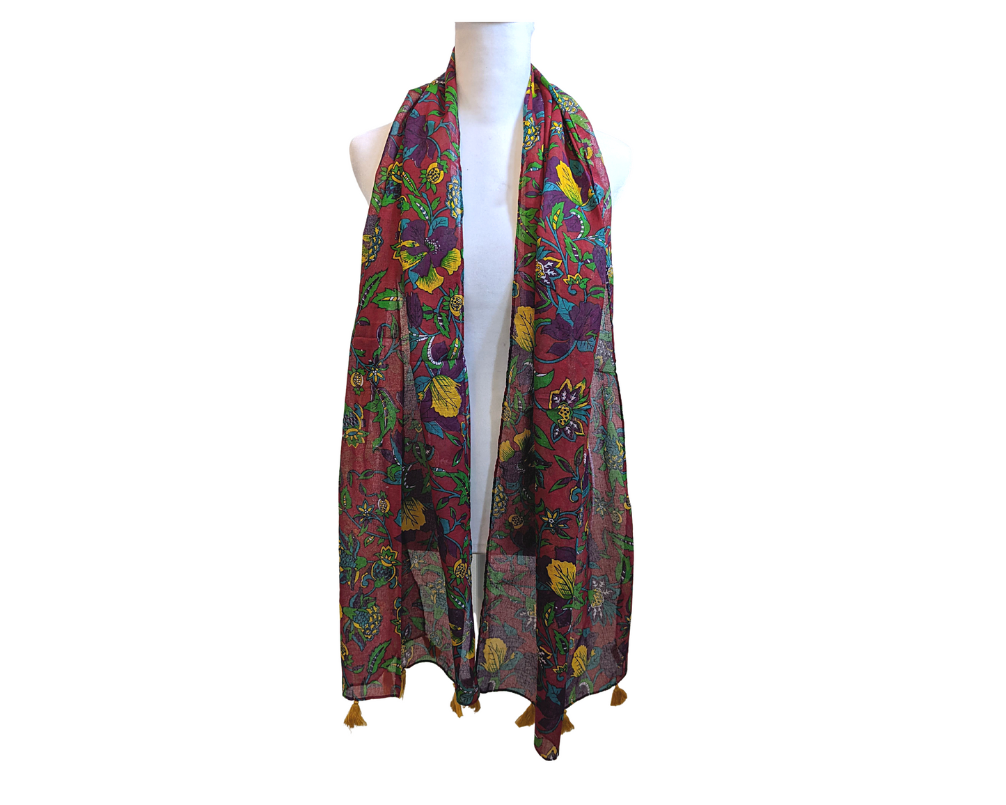 Red Multicolored Floral Cotton Scarf | Yellow Tassels - Craft Bazaar