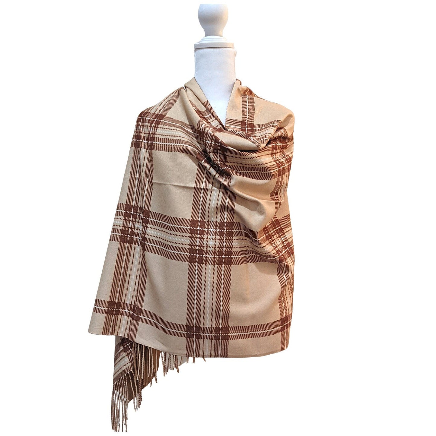 Reversible Plaid Pure Wool Scarf [Beige] - Craft Bazaar