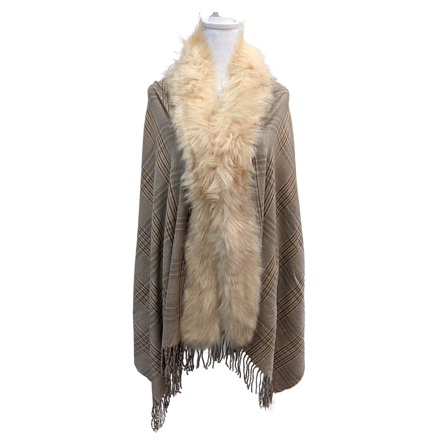 Plaid Blanket Style Pure Wool Fur Poncho. - Craft Bazaar