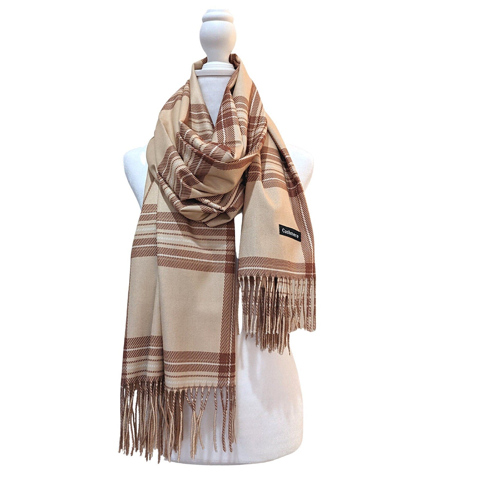 Reversible Plaid Pure Wool Scarf [Beige] - Craft Bazaar