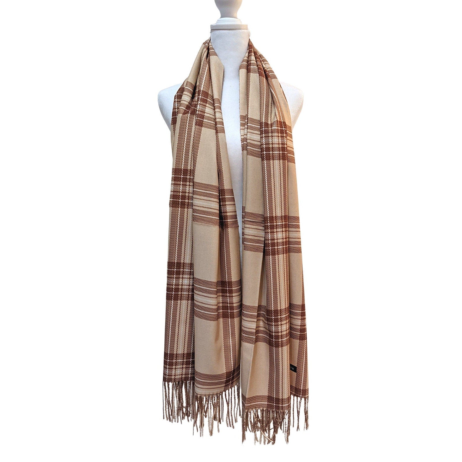 Reversible Plaid Pure Wool Scarf [Beige] - Craft Bazaar