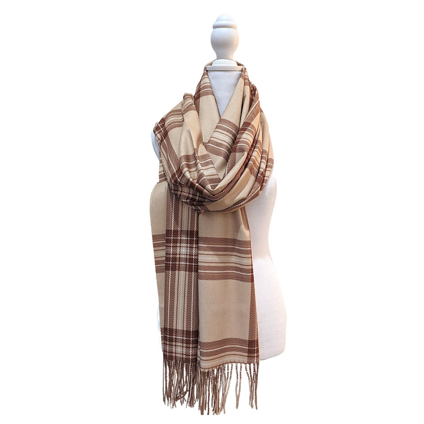 Reversible Plaid Pure Wool Scarf [Beige] - Craft Bazaar