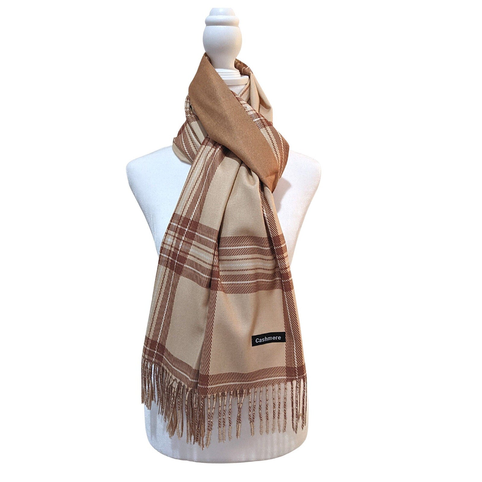 Reversible Plaid Pure Wool Scarf [Beige] - Craft Bazaar