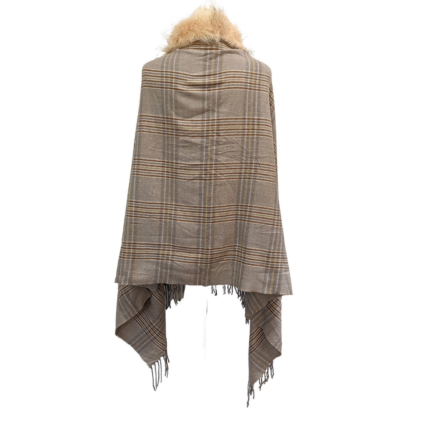 Plaid Blanket Style Pure Wool Fur Poncho. - Craft Bazaar